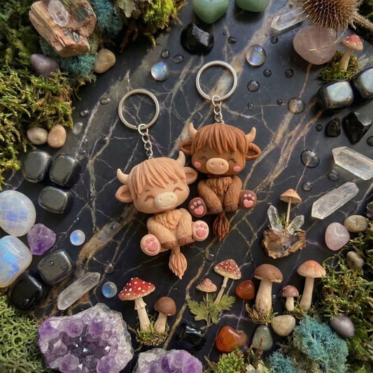 Light Tan and Chocolate Brown Highland Cow keychains on a crystal and mushroom flat-lay