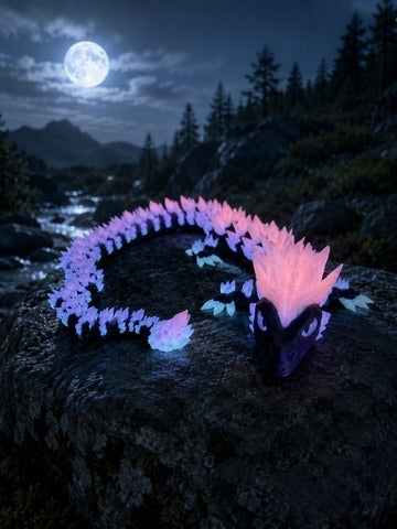 Articulated crystal dragon fidget toy, 3D printed with a fully flexible spine