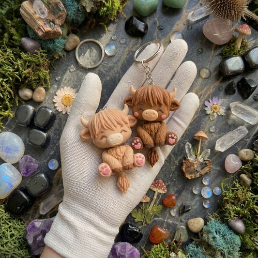 Light Tan and Chocolate Brown Highland Cow keychains held in a hand, crystal flat-lay background