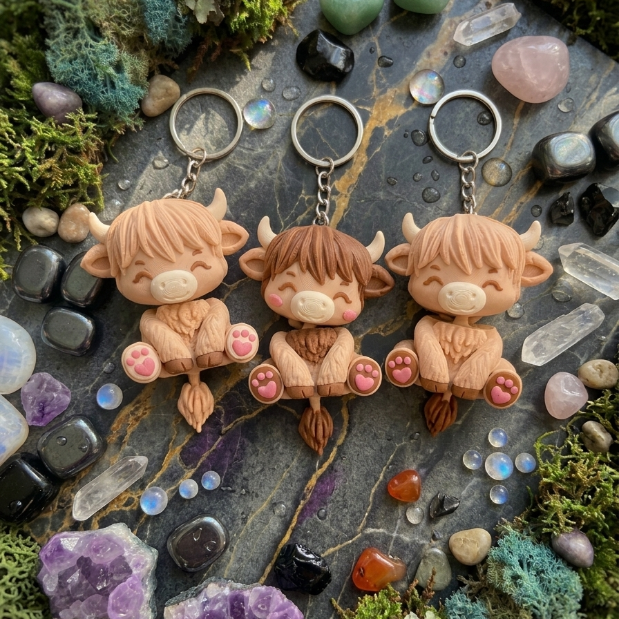 Three Flexi Highland Cow keychains on a crystal flat-lay background