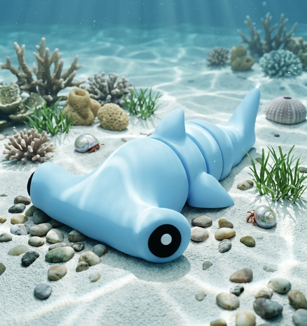 Flexi Hammerhead Shark keychain, Light Blue colorway, stylized underwater scene