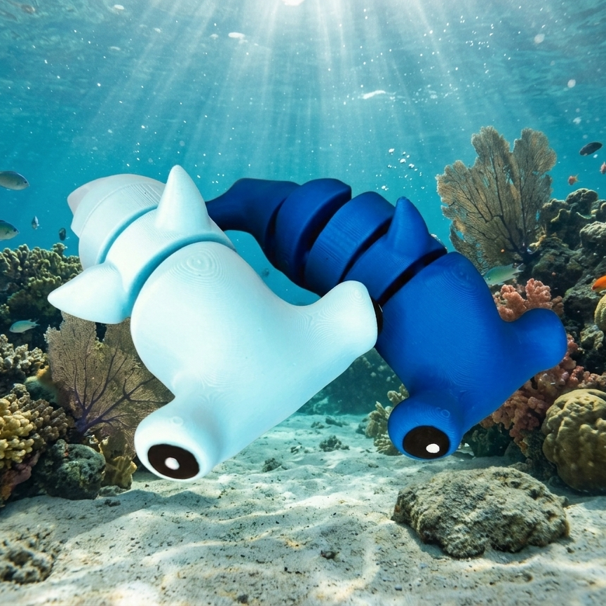 Flexi Hammerhead Shark keychains in Light Blue and Royal Blue, stylized underwater scene