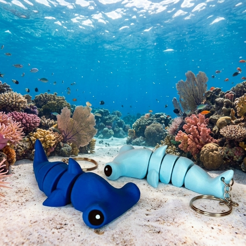 Flexi Hammerhead Shark keychains in Light Blue and Royal Blue resting on sand, stylized underwater scene