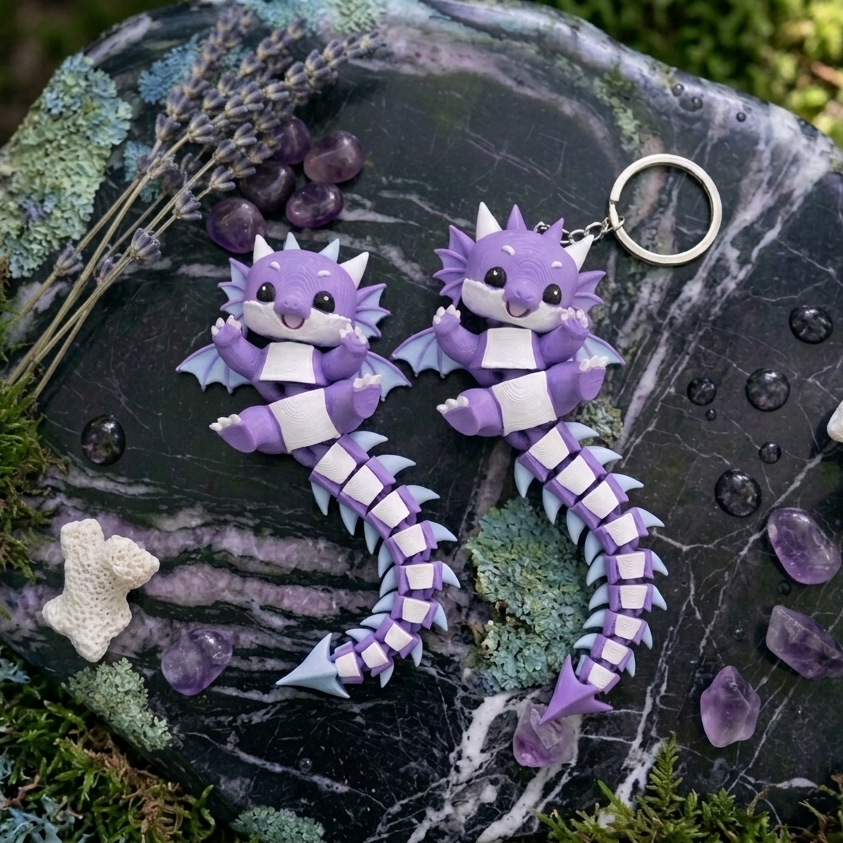 Flexi baby dragon keychain, 3D printed with working printed joints