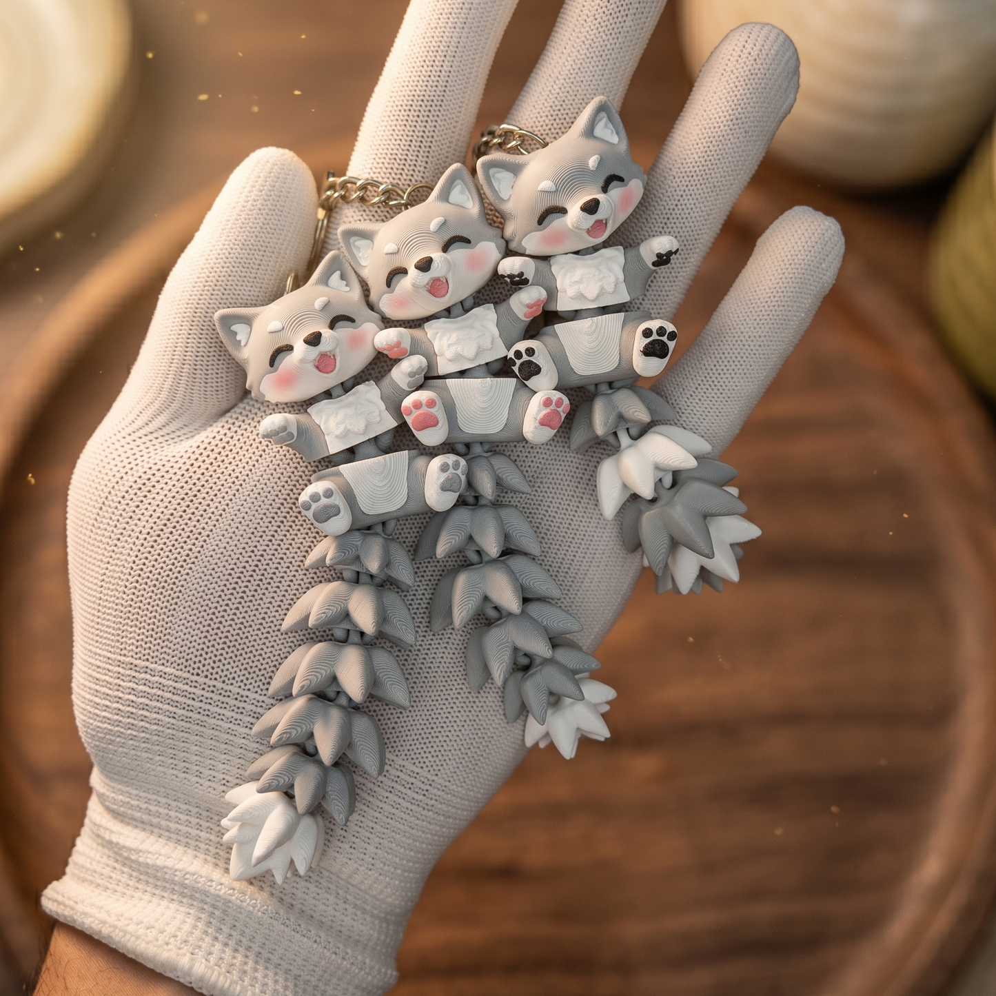 Flexi baby wolf keychain shown from a third angle