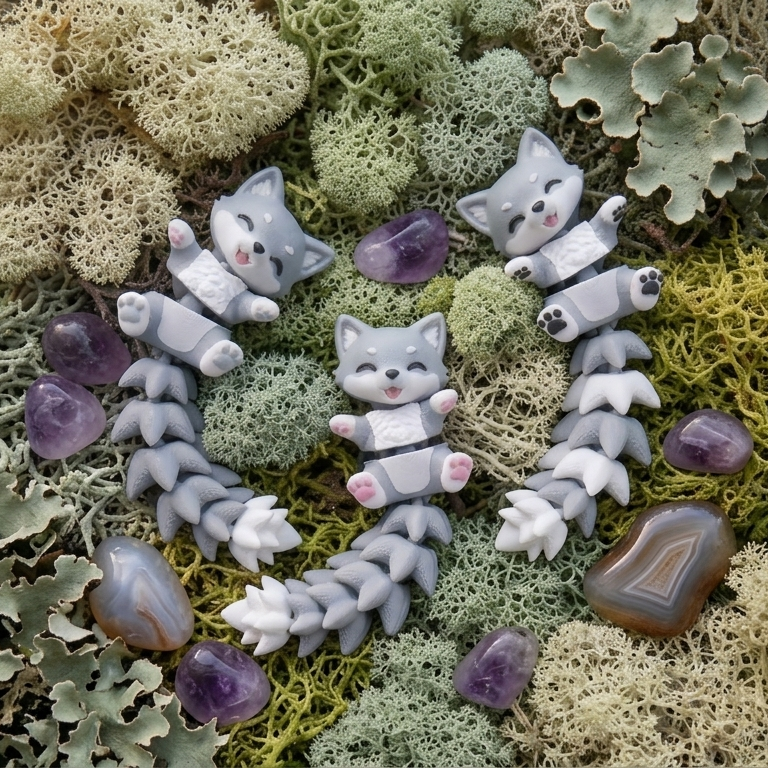 Flexi baby wolf keychain, 3D printed with working printed joints